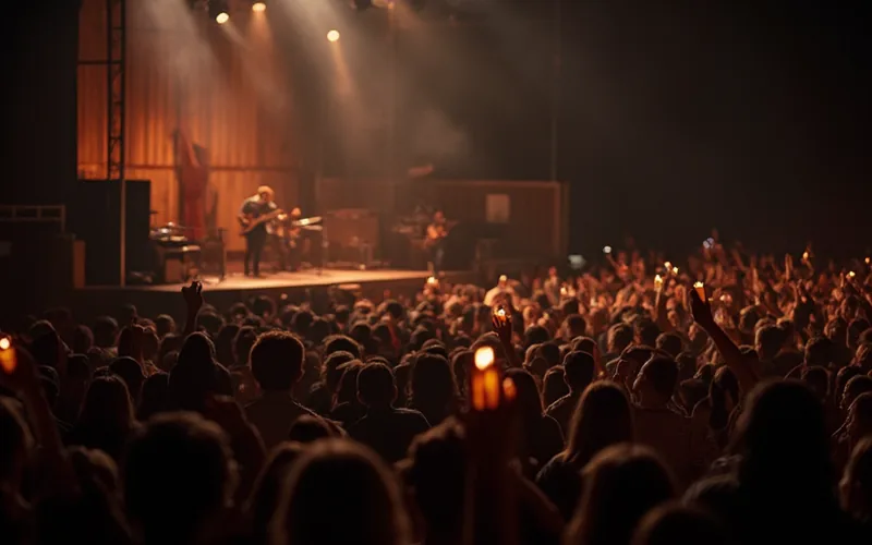 A nostalgic scene of a dimly lit country music concert in an arena at night. The stage is illuminated with soft, warm lights, casting a glow on the wooden floor. In the foreground, a crowd of diverse fans holds up lighters and cell phones, creating a sea of gentle lights. The background features a large, rustic backdrop with musical instruments subtly visible, evoking a sense of classic country music ambiance. The overall atmosphere is serene and emotional, capturing the collective experience of a powerful musical moment.