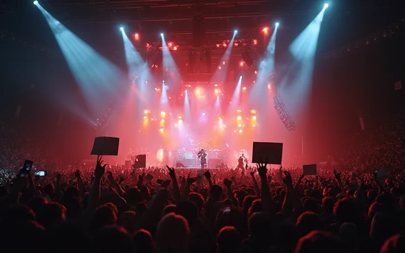 A vibrant concert scene set in the late 1990s, featuring a large, enthusiastic crowd in a packed stadium. The stage is illuminated by bright spotlights, casting dramatic shadows and highlighting a dynamic live performance. Fans are holding up signs and waving their hands in the air, capturing the energy and excitement of a record-breaking concert event. The scene conveys a sense of nostalgia and the electric atmosphere of a legendary country music show.